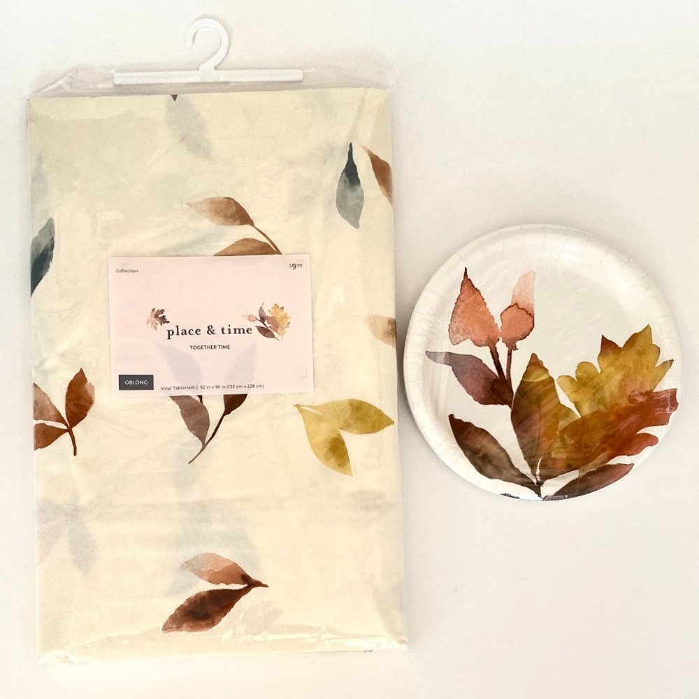 NEW Place & Time Autumn Leaves Vinyl Tablecloth 52X90 & 8 Paper Snack Plates